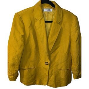 Kasper Ruched-Sleeve Blazer Womens Sz 16 Mustard Yellow Linen Classic Jacket